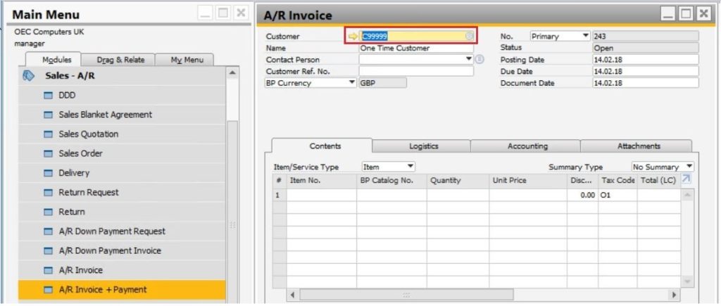 Enter Customer in SAP Business One ERP Invoice